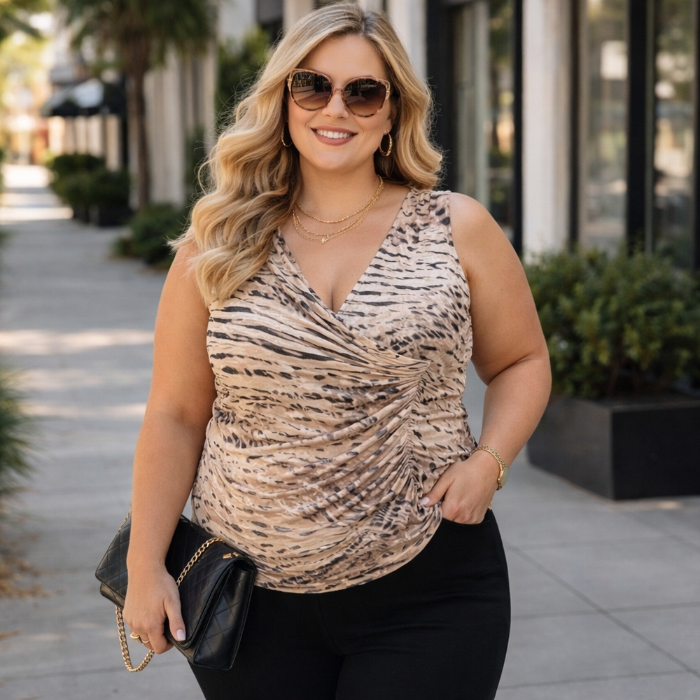 Frank Lyman Stretchy Animal Print Surplice Sleeveless Top Ruched Draped Blouse